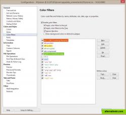 Color-Coding Configuration: XYplorer supports color-coding (aka Color Filters) by file names, by Attributes, by file size, by file dates and age, and by properties.