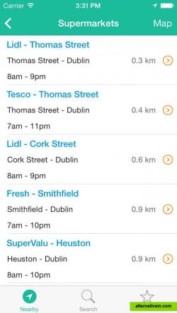 Results page provides a list of nearby stores matching the search criteria, alongside opening hours and the distance the stores are from the users current location.