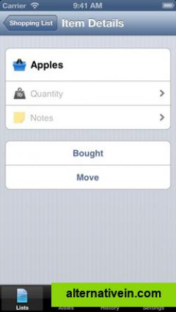 Tapping the disclosure button on a shopping list item shows the details of such item. One can add quantity, notes, mark the item as bought or move it to another shopping list.