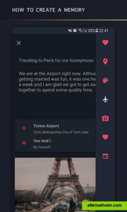In create page, you get to favorite your memory which is shown by the icon "heart", you can add your current location or a location that was used previously, pick an icon from 348 different icons, choose a color from 24 different colors, pick a date and time. You can also get an image from gallery, take a picture directly or pick an image from the internet (unsplash)