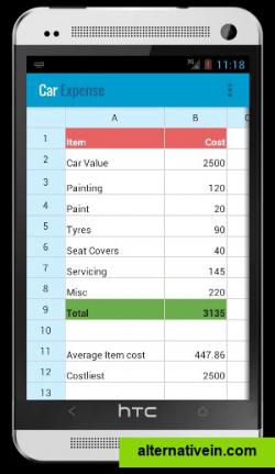 
Spreadsheet

    Best in class scroll experience
    Complete cell text formatting (bold, italics, background color ... etc)
    Formula support with entry helper
    Formulas can reference other formula cells
    Inserting/Deleting rows and columns with automatic formula range correction
    Save as excel(.xls) files on SD card
    Add reminders

