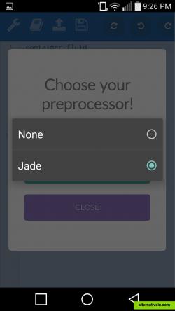 kodeWeave supports Jade, Stylus, and CoffeeScript preprocessors