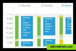 Track your time in an outlook-like calendar. Green and yellow bars left to the time sheet entries indicate booked and unbooked time.