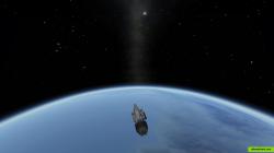 A spacecraft in orbit around the home planet "Kerbin" (with visual mod "scatterer")