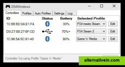 Overview connections for multiple gamepads, USB or Bluetooth, with battery levels and settings profiles