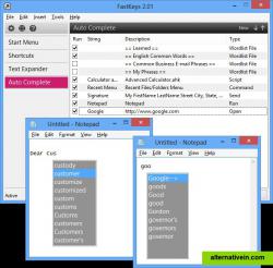 Powerful AUTO COMPLETE cannot only trigger common words or phrases from various user-defined dictionaries but can also run all sorts of FastKeys commands. If you wish, it can automatically learn the most frequent words you type. Auto Complete can also be used as a super handy program/file/website Launcher.