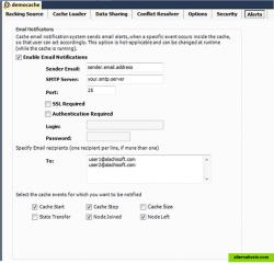 TayzGrid provides email notifications on various events generated by the in-memory data grid cluster. You can also use third-party tools to receive emails on events logged to Windows Events or SNMP.