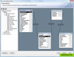 The visual linking of tables, views and stored procedures.