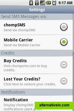 chompSMS Settings Menu