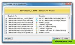 Before executing duplicate files removal actions, DupScout shows the actions preview dialog allowing one to select/unselect specific removal actions.