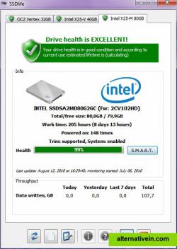 Sample of SSDlife output for Intel X25-M SSD drive