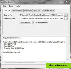 An example of the 'Copy File' test.  This test was done with a MP4 video that is 204MB in size.  Note that you can tell Disk Bench to delete the copyed file once the test is finished.