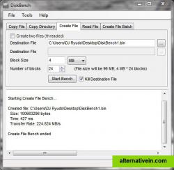 From the website: The other way to benchmark is to choose Create File. This way it just creates a file (consisting of a repeated 128 byte string). So if you only have one harddisk, this is the optimal test for you.