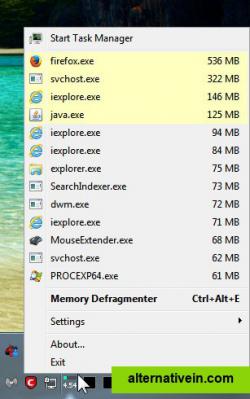 Context menu for tray icon displays RAM usage of individual processes and allows for immediate termination or a memory trim of the process.