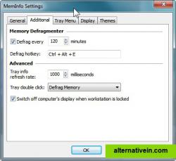 Further settings provide memory defragmentation options and the ability to launch various system commands (task manager, run dialogue, lock system, etc.)