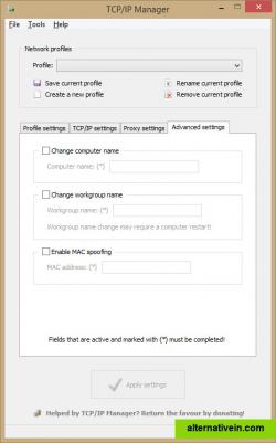 Main window - Advanced settings tab (TCP/IP Manager v4.0.0.22)