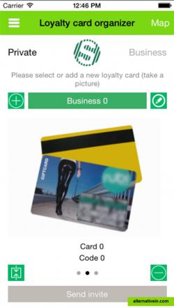 The loyalty card organizer displays one card. Push the card to zoom to fullscreen modus, swipe left and right to scroll through your other loyalty cards or choose them from the green bar menu.