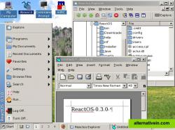 ReactOS running AbiWord and ReactOS Explorer