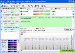 Main window with menu and quick buttons for faster navigation. Health history graph and textual description about hard disk status.