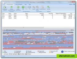 Start page of O&O Defrag 11. You will find all settings and functions in the Ribbon bar. You can select the drives to be defragmented from the list of drives. The Block View displays the level of defragmentation of the chosen drive.