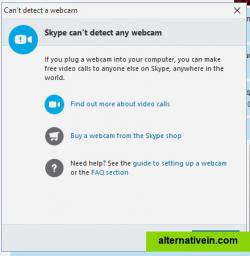 "Skype can't detect any camera" message error window