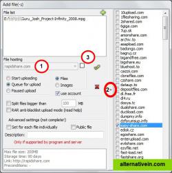 Window for choosing files and its upload settings