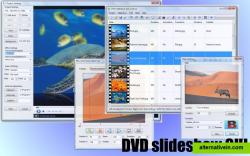 DVD slideshow GUI's Main, Project Settings, Slide Settings, and Pan, Zoom and Rotate windows.