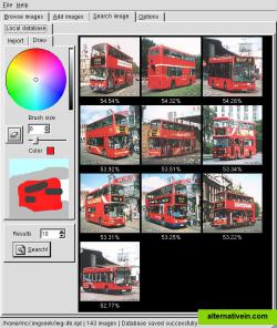 After drawing on the left widget that simple red rectangle with black windows, a pale blue sky and the gray asphalt, the software returns these 10 best matches from your collection of thousands of images.