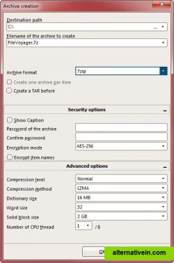 Compressed and/or archived file creator window