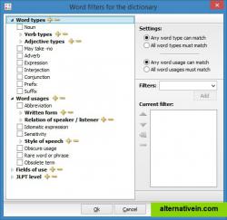 Word filters for dictionary