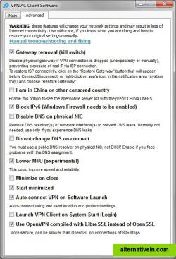 VPN.ac Client Software (Windows) - Advanced settings tab