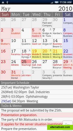 The calender shows the present schedule and important schedules are emphasized with red. Depending on the needs, it can show you monthly or weekly views, only the calender or the important lists. Also, you can change the beginning day of the week.